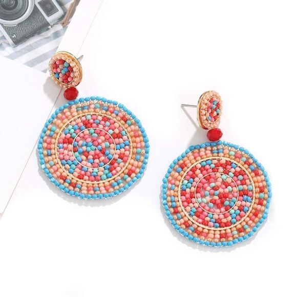 Multicolored Beaded Double Round Disc Boho Drop Statement Post Back Earrings - Picture 5 of 7